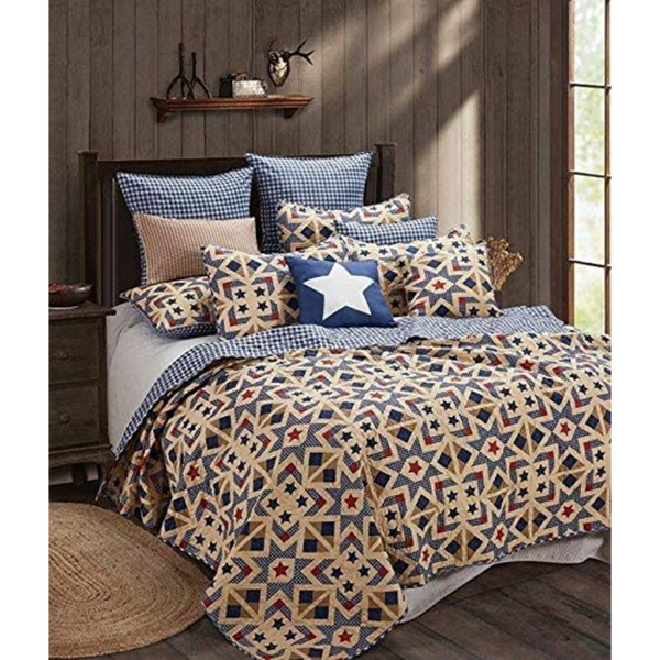 Virah Bella Stars and Plaid Country Farm House Style Reversible Printed Quilt Set (Irish Cream, Queen/Full)