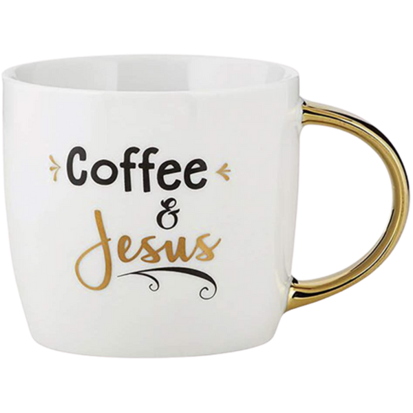 Faithworks Coffee and Jesus 14 Ounce Ceramic Coffee Mug with Goldtone Handle