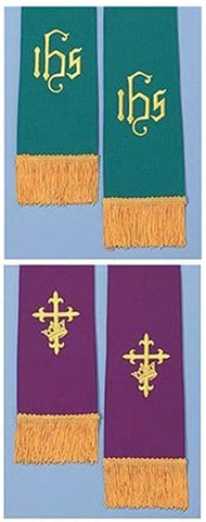 Purple Cross with Crown and Green IHS Reversible Church Stole with Gold-Toned Trim, 19 Inches