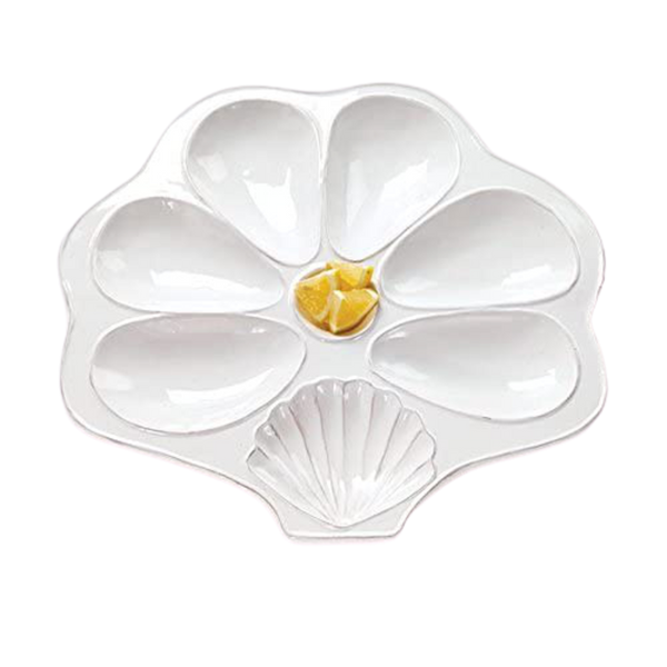 Flat White Slotted Oyster Platter Shell Shaped for Oysters, Sauce, and Lemons