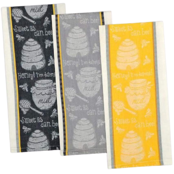 Set of 3 "Sweet As Can Bee" Cotton Jacquard Kitchen Towels (one each - gray, yellow, black)