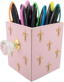 Pink Fleur de Lis Glass Gem Knob Pen and Pencil Holder, 3 5/8 Inch