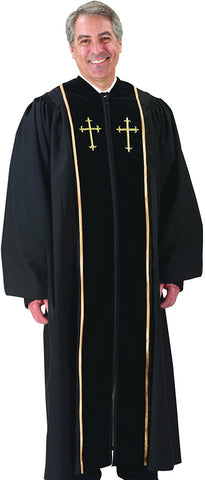 Black Pulpit Robe with Beautiful Gold Embroidery (59 XL 6' - 6'5" Height. 59" Back Length. 34" Sleeve Length)
