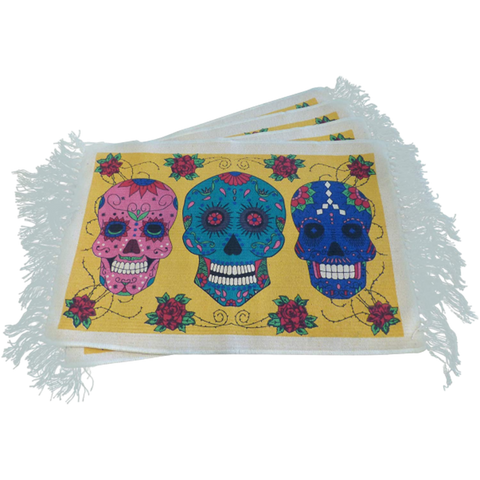 Sugar Skull Mariachi Placemats - Set of 4 Day of The Dead Dia de Los Muertos Square Mexican Decor Cotton Place Mats for Dining Table