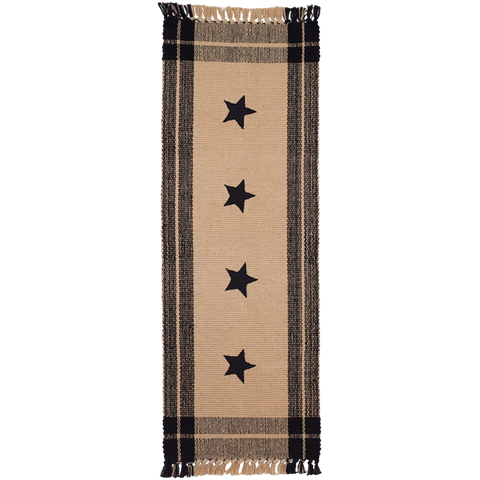 Black Simply Stars Plaid Border 13 x 36 Woven Cotton with Fringe Table Runner