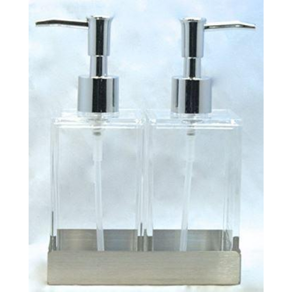 Acrylic Twin Liquid Soap and Lotion Dispenser in Stainless Steel Tray