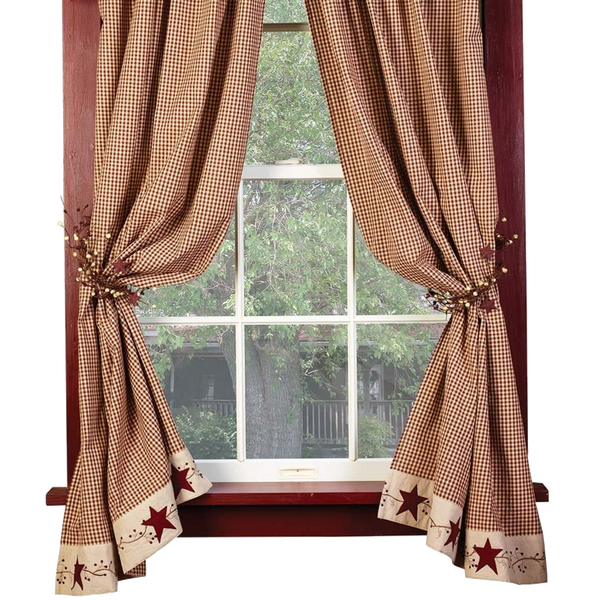 The Country House Collection Burgundy Check Stars and Berries Country Curtain Panels, 63" 84" Lengths