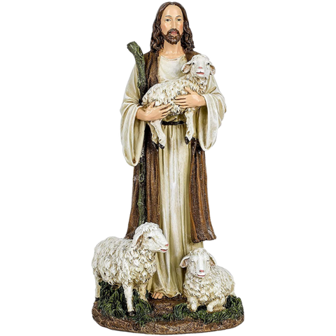 Shepherd With Sheep Friends Golden Ivory 6 x 12 Resin Stone Tabletop Figurine