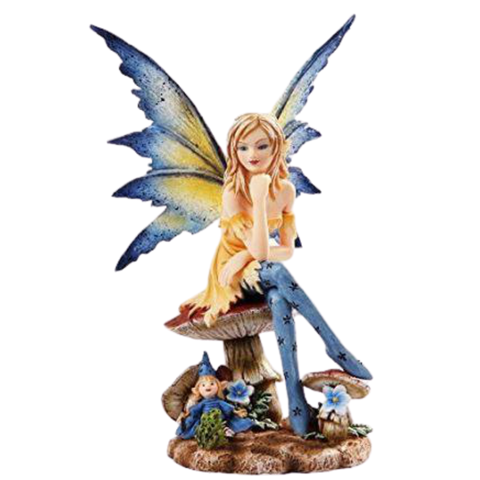 Magician Fairy Sitting on Mushroom Statue Figurine