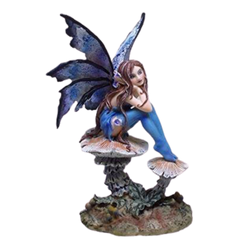 Nice Blue Fairy Sitting on Mushroom Statue Figurine