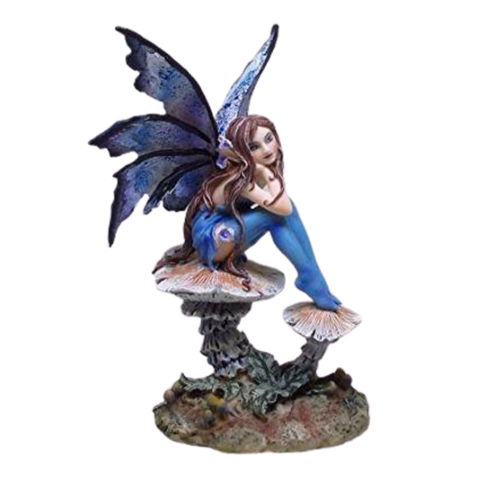 Nice Blue Fairy Sitting on Mushroom Statue Figurine
