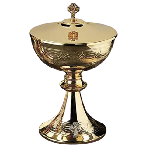 Gold Plated Brass Etched Celtic Cross Ciborium with Cover, 9 1/4 Inch